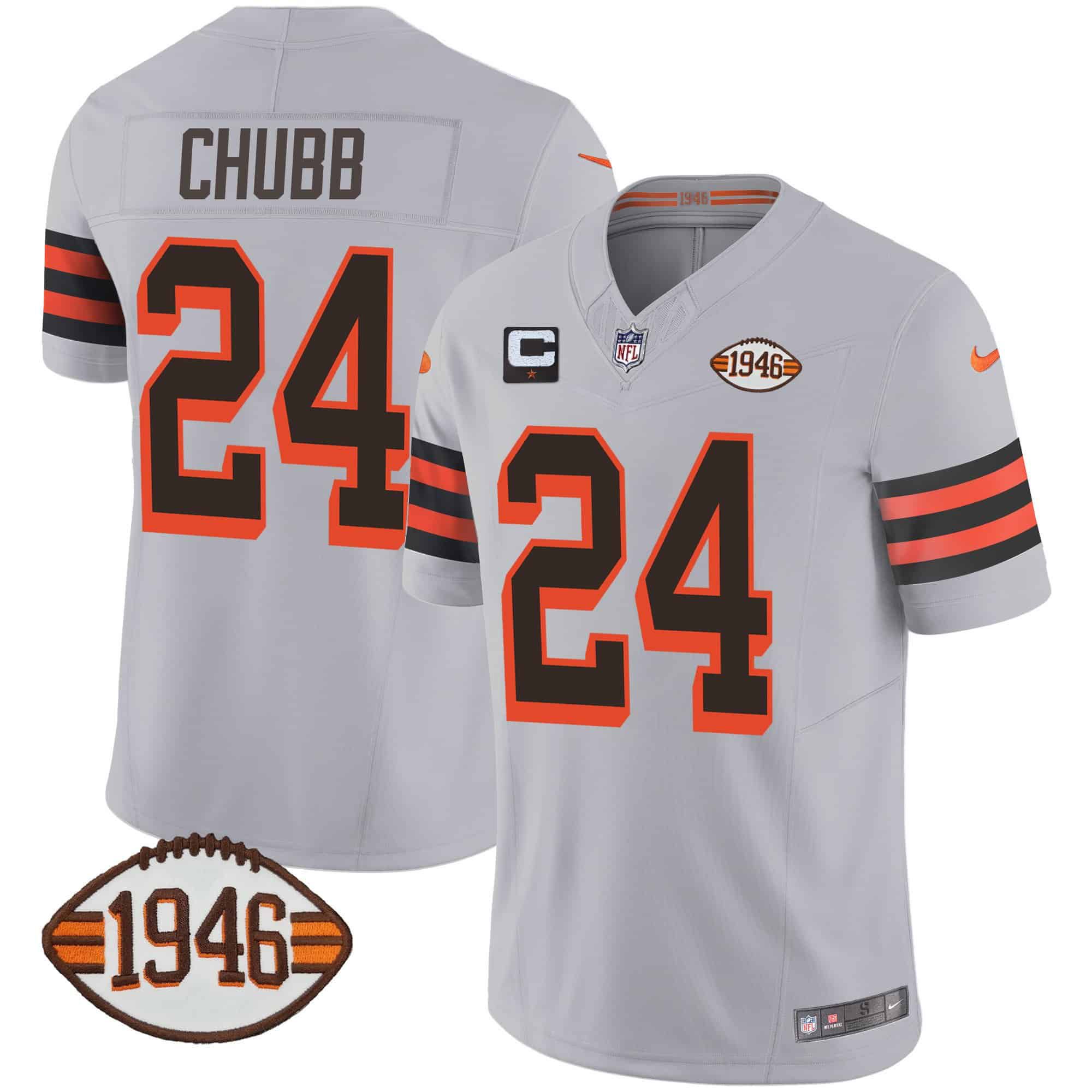 Men Cleveland Browns 24 Chubb Grey 1946 75th Anniversary Patch 2024 Nike NFL Jersey